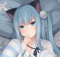 Rule 34 | 1girl, amashiro natsuki, animal ears, bad id, bad pixiv id, bed sheet, black ribbon, blue bra, blue eyes, blue hair, blush, bow, bow bra, bra, cat ears, closed mouth, collarbone, collared shirt, commentary request, dress shirt, head tilt, knees up, long hair, looking away, looking to the side, lying, on back, one side up, original, pantyhose, pillow, ribbon, shirt, solo, striped clothes, striped pantyhose, underwear, upper body, white shirt