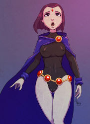 Rule 34 | 1girl, breasts, cameltoe, cape, colored skin, dc comics, covered erect nipples, female focus, grey skin, leotard, partially visible vulva, purple hair, raven (dc), short hair, solo, teen titans