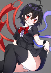 Rule 34 | 1girl, absurdres, ass, asymmetrical wings, black dress, black hair, black thighhighs, blush, bow, bowtie, breasts, cameltoe, clothes lift, commentary request, dress, dress lift, fang, fang out, frills, highres, houjuu nue, lifting own clothes, looking at viewer, medium breasts, nue day, panties, pointy ears, red bow, red bowtie, red eyes, short dress, short hair, sitting, smile, solo, thighhighs, thighs, touhou, umetya, underwear, white panties, wings