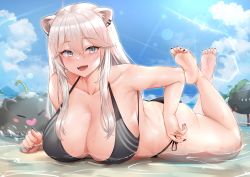 Rule 34 | 1girl, alternate breast size, animal ears, bare shoulders, barefoot, bikini, black bikini, black nails, blush, breasts, cleavage, collarbone, commentary, english commentary, feet up, grey hair, highres, hololive, large breasts, long hair, looking at viewer, lying, mixed-language commentary, nail polish, on stomach, outdoors, parted lips, partially submerged, shishiro botan, smile, soles, sunburn, swimsuit, the pose, thighs, tnolize, toes, virtual youtuber, water