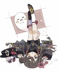 Rule 34 | 1girl, air (air en0), black shorts, blush, boo tao (genshin impact), bracelet, brown footwear, brown hair, closed eyes, fang, flower, flower-shaped pupils, genshin impact, ghost, hashtag-only commentary, hat, highres, hu tao (genshin impact), jewelry, legs up, long hair, long sleeves, looking at viewer, lying, on back, open mouth, red eyes, red flower, ring, shoes, shorts, sidelocks, simple background, socks, symbol-shaped pupils, unworn hat, unworn headwear, upside-down, very long hair, white socks