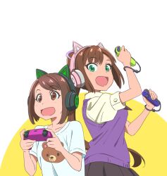 Rule 34 | 2girls, :d, absurdres, animal ear headphones, animal ears, animal print, animification, bear print, black headphones, black skirt, brown eyes, brown hair, cat ear headphones, character request, collarbone, collared shirt, controller, fake animal ears, game controller, green eyes, hayama ikumi, headphones, highres, holding, holding controller, holding game controller, joy-con, looking at viewer, multiple girls, nintendo switch pro controller, open mouth, pink headphones, pleated skirt, ponytail, print shirt, puffy short sleeves, puffy sleeves, purple sweater vest, razer, real life, sano keiichi, shirt, short hair, short sleeves, skirt, smile, sweater vest, two-tone background, white background, white shirt, yellow background
