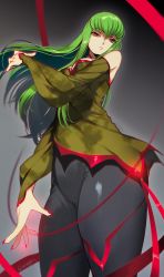 Rule 34 | 1girl, bare shoulders, breasts, brown eyes, c.c., cleavage, code geass, creayus, from below, green hair, long hair, looking at viewer, nail polish, red nails, solo, thick thighs, wide hips