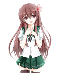 Rule 34 | 10s, 1girl, :d, bad id, bad pixiv id, black thighhighs, brown eyes, brown hair, cowboy shot, flower, green skirt, hair flower, hair ornament, hands on another&#039;s chest, hands on own chest, head tilt, kantai collection, kisaragi (kancolle), kurose yuuki, long hair, looking at viewer, md5 mismatch, neckerchief, open mouth, pleated skirt, puffy short sleeves, puffy sleeves, sailor collar, school uniform, serafuku, short sleeves, simple background, skirt, smile, solo, thighhighs, white background