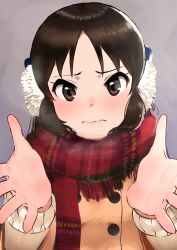 Rule 34 | 1girl, 3:, blush, brown eyes, brown hair, coat, commentary request, earmuffs, idolmaster, idolmaster cinderella girls, long hair, looking at viewer, pettan p, red scarf, scarf, solo, tachibana arisu, upper body, winter clothes