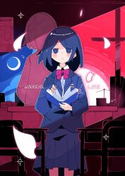 Rule 34 | 1girl, 1other, absurdres, blazer, blue eyes, blue hair, blue jacket, blue sky, blush stickers, book, bow, bowtie, bright pupils, chair, character request, classroom, closed mouth, collared shirt, copyright name, cowboy shot, crescent moon, day, desk, falling petals, hands up, haru57928031, haru (unreal life), highres, holding, holding book, indoors, jacket, light smile, long sleeves, looking at viewer, medium hair, moon, night, open book, petals, pink bow, pink bowtie, pleated skirt, school chair, school desk, school uniform, shirt, sidelocks, skirt, sky, solo focus, split mouth, split screen, standing, straight-on, sun, swept bangs, unreal life, white pupils, white shirt, window