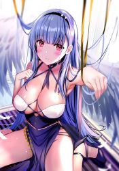 Rule 34 | 1girl, arm up, armpits, azur lane, barefoot, between breasts, blue hair, blurry, blush, breasts, choker, cleavage, closed mouth, depth of field, dido (anxious bisque doll) (azur lane), dido (azur lane), dress, feathers, hairband, high heels, highres, large breasts, long hair, looking at viewer, no panties, pelvic curtain, pink eyes, rei (rei&#039;s room), ribbon choker, shoes, sidelocks, single shoe, sitting, solo, very long hair, wariza, wings