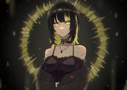 Rule 34 | 1girl, absurdres, ageharuuu, black hair, black jacket, blonde hair, bra strap, breasts, choker, collarbone, crop top, expressionless, floral print, highres, huge filesize, idolmaster, idolmaster shiny colors, ikaruga luca, jacket, jewelry, lace-trimmed choker, lace trim, looking at viewer, looking down, midriff, multicolored hair, necklace, off-shoulder shirt, off shoulder, open clothes, open jacket, rose print, shirt, small breasts, solo, strap slip, streaked hair, sun symbol, upper body, yellow eyes