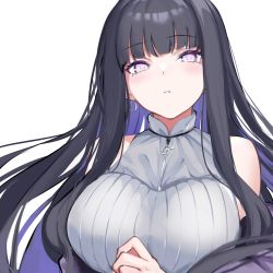 Rule 34 | 1girl, bad id, bad twitter id, bare shoulders, black hair, blunt bangs, breasts, earrings, grey sweater, high collar, highres, hyuuga hinata, jewelry, large breasts, long hair, looking at viewer, naruto (series), naruto shippuuden, purple eyes, simple background, sleeveless, sleeveless sweater, solo, spider apple, sweater, underwear, upper body, white background