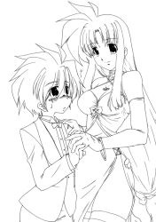 Rule 34 | 00s, 1boy, 1girl, arm around waist, blush, bow, bowtie, bracelet, breasts, cleavage, criss-cross halter, dress, elbow gloves, erio mondial, fate testarossa, formal, gloves, greyscale, halterneck, halterneck, hand on another&#039;s shoulder, height difference, hetero, holding hands, jewelry, lineart, long hair, lyrical nanoha, mahou shoujo lyrical nanoha, mahou shoujo lyrical nanoha strikers, monochrome, necklace, side slit, suit, sweatdrop, thighhighs, traditional bowtie, very long hair