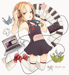 Rule 34 | 1girl, amri, amripo, bad id, bad pixiv id, beads, blonde hair, computer, headphones, instrument, jewelry, keyboard (computer), keyboard (instrument), kyouyama anna, laptop, microphone, necklace, open mouth, origami, paper crane, prayer beads, shaman king, socks, solo, synthesizer, thighhighs