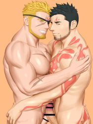 Rule 34 | 2boys, arm tattoo, ass grab, bar censor, bara, bear, biceps, black hair, blonde hair, censored, chest tattoo, completely nude, eyepatch, feet out of frame, gyee, highres, hug, jashin doruton, looking at viewer, male focus, manly, markus (gyee), mature male, multiple boys, muscular, muscular male, nude, orange background, pectoral docking, pectoral press, pectorals, priapus a. tarou, scar, scar on arm, scar on chest, short hair, simple background, smirk, spiked hair, tattoo, teeth