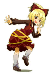 Rule 34 | 1girl, blonde hair, bow, brown eyes, dress, female focus, hair bow, kurodani yamame, looking at viewer, looking back, open mouth, pinafore dress, pointing, pointing at self, ponytail, short hair, simple background, sleeveless, sleeveless dress, smile, solo, touhou, white background, zaza (x-can01)
