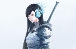 Rule 34 | 1girl, armor, black eyes, black hair, closed mouth, commentary request, from side, grey background, headphones, highres, long hair, looking at viewer, original, pauldrons, plate armor, sakimori (hououbds), shoulder armor, solo, weapon, weapon on back