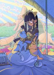 Rule 34 | 1girl, armlet, baggy pants, barefoot, bell, black hair, blue hair, blue pants, bodypaint, bracelet, breasts, cat, dark-skinned female, dark skin, earrings, female focus, gradient hair, highres, jewelry, mokeo, multicolored hair, no panties, original, outdoors, painted clothes, palm tree, pants, plant, pyramid (structure), ring, river, small breasts, solo, sparkle, sphinx, tent, tree, water, yellow-framed eyewear