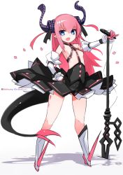 Rule 34 | 10s, 1girl, asymmetrical horns, blue eyes, curled horns, dragon girl, dragon tail, elizabeth bathory (fate), elizabeth bathory (fate/extra ccc), elizabeth bathory (first ascension) (fate), fate/extra, fate/extra ccc, fate (series), highres, horns, karukan (monjya), long hair, looking at viewer, pink hair, plaid, plaid skirt, pointy ears, polearm, skirt, solo, spear, tail, uneven horns, weapon