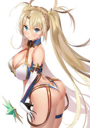 Rule 34 | 1girl, ameyame, arched back, ass, bare shoulders, blonde hair, blue eyes, blush, bradamante (fate), bradamante (third ascension) (fate), braid, breasts, butt crack, cleavage, closed mouth, crown braid, detached collar, elbow gloves, fate/grand order, fate (series), french braid, gloves, hair between eyes, hair ornament, highres, huge ass, large breasts, leotard, long hair, looking at viewer, sketch, smile, solo, standing, strapless, strapless leotard, thigh strap, thong, twintails, very long hair, white gloves