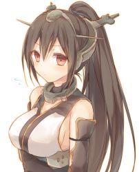 Rule 34 | 10s, 1girl, alternate hairstyle, bare shoulders, black hair, breasts, hairband, kantai collection, komeshiro kasu, large breasts, long hair, nagato (kancolle), personification, ponytail, red eyes, sideboob, solo, upper body, very long hair