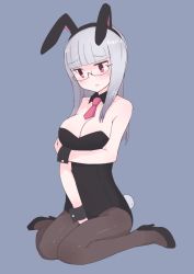 Rule 34 | 1girl, animal ears, between legs, black pantyhose, blue background, blunt bangs, blush, breasts, cleavage, detached collar, embarrassed, fake animal ears, full body, glasses, heidimarie w. schnaufer, high heels, highres, large breasts, leotard, long hair, open mouth, pantyhose, playboy bunny, rabbit ears, red eyes, seedflare, silver hair, simple background, solo, strike witches, world witches series, wrist cuffs