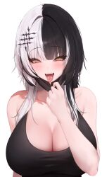Rule 34 | 1girl, absurdres, bare shoulders, black hair, black mask, black tank top, blush, breasts, cleavage, collarbone, forked tongue, grey hair, hair between eyes, hair ornament, hand up, highres, hololive, hololive english, large breasts, long hair, looking at viewer, mask, mask pull, mouth mask, multicolored hair, open mouth, prab, pulling own clothes, saliva, shiori novella, smile, solo, split-color hair, tank top, teeth, tongue, tongue out, two-tone hair, upper body, virtual youtuber, white background, yellow eyes