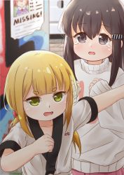 Rule 34 | 2girls, absurdres, baigao, baigao-ji (baigao), black eyes, black hair, blonde hair, blunt bangs, borrowed character, bow, child, chinese commentary, clenched hand, commentary request, dougi, green eyes, hair bow, hair ornament, hairclip, highres, imminent rape, instant loss, karate gi, long hair, looking at viewer, low twintails, missing poster, multiple girls, open mouth, original, outdoors, outstretched arm, protecting, ribbon, shirt, short sleeves, shouting, sweater, tears, twintails, upper body, white shirt, white sweater