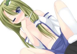 Rule 34 | 1girl, bare shoulders, blue eyes, blush, breasts, chimunge, collarbone, detached sleeves, frog hair ornament, green hair, hair ornament, kochiya sanae, large breasts, looking at viewer, midriff, no bra, one eye closed, open clothes, open shirt, shirt, simple background, sitting, smile, snake hair ornament, socks, solo, spread legs, touhou, white background, white socks, wide sleeves, wink