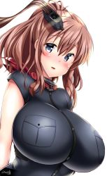 Rule 34 | 10s, 1girl, anchor, artist name, black shirt, blouse, blue eyes, blush, breast pocket, breasts, brown hair, funnel, huge breasts, impossible clothes, kantai collection, looking at viewer, neckerchief, open mouth, pocket, ponytail, red neckerchief, saratoga (kancolle), saratoga mk ii (kancolle), shirt, side ponytail, simple background, solo, white background, yuuki hb