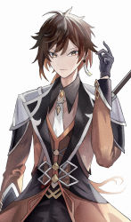 Rule 34 | 1boy, absurdres, black gloves, brown hair, collared shirt, commentary request, eyeliner, formal, genshin impact, gloves, gradient hair, hair between eyes, highres, jacket, long hair, long sleeves, looking at viewer, makeup, male focus, multicolored hair, necktie, orange hair, polearm, ponytail, shirt, simple background, smile, snapping fingers, solo, suit, weapon, white background, white necktie, wuzhihuijia, yellow eyes, zhongli (genshin impact)