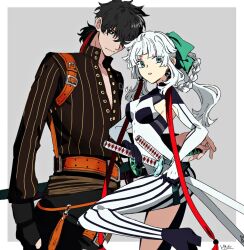 Rule 34 | 1boy, 1girl, aqua eyes, belt, black eyes, black hair, black pants, bodysuit, border, braided hair rings, breasts, brown jacket, buttons, closed mouth, fate/grand order, fate/samurai remnant, fate (series), green ribbon, grey background, hair over one eye, hair ribbon, height difference, jacket, katana, long hair, looking at viewer, messy hair, miyamoto iori (fate), official alternate costume, one eye covered, orange belt, outside border, pants, pirohi (pirohi214), ponytail, ribbon, short ponytail, signature, simple background, small breasts, smile, standing, standing on one leg, sword, weapon, white border, white hair, yui shousetsu (fate), yui shousetsu (first ascension) (fate)