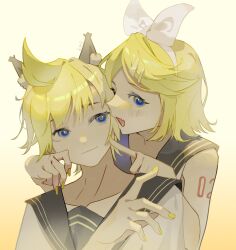 Rule 34 | 1boy, 1girl, black sailor collar, blonde hair, blue eyes, blush, bow, cheek poking, commentary, eyelashes, fang, gradient background, hair bow, highres, kagamine len, kagamine rin, light smile, looking at another, looking at viewer, multiple hairpins, nail polish, open mouth, poking, qiheye, sailor collar, short hair, shoulder tattoo, tattoo, upper body, vocaloid, white background, yellow background, yellow nails