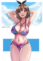 Rule 34 | 1girl, absurdres, armpits, arms behind head, arms up, atelier (series), atelier ryza, atelier ryza 1, bare shoulders, bikini, black ribbon, blue sky, breasts, brown eyes, brown hair, cleavage, cloud, covered erect nipples, hair ornament, hair ribbon, hairclip, highres, jewelry, julioalqae, large breasts, looking at viewer, multicolored bikini, multicolored clothes, navel, necklace, o-ring, o-ring bottom, open mouth, reisalin stout, ribbon, short hair, sky, smile, star (symbol), star necklace, stomach, swimsuit, thighs, underboob