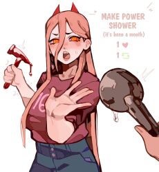 Rule 34 | 1girl, absurdres, blood drip, blush, brown hair, chainsaw man, cross-shaped pupils, hair between eyes, hair over shoulder, hammer, highres, holding, holding hammer, holding shower head, horns, long hair, looking at viewer, maggoo, meme, open mouth, pink shirt, power (chainsaw man), red horns, sharp teeth, shirt, shirt tucked in, shower head, simple background, sweatdrop, symbol-shaped pupils, teeth, twitter strip game (meme), white background, yellow eyes