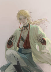 Rule 34 | 1boy, absurdres, bandages, bishounen, blonde hair, blue eyes, chain, choker, cleavage cutout, clenched hand, closed mouth, clothing cutout, cuffs, dreamingpool, fingernails, heterochromia, highres, long hair, long sleeves, male focus, original, shackles, solo, wide sleeves, yellow eyes