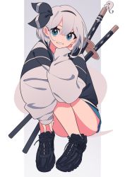 Rule 34 | 1girl, bad id, bad twitter id, black footwear, black ribbon, casual, commentary, contemporary, full body, green eyes, green skirt, grey hair, grey jacket, grin, hair ribbon, hand on own cheek, hand on own face, highres, jacket, katana, konpaku youmu, long sleeves, looking at viewer, medium hair, miniskirt, nike (company), product placement, ribbon, sheath, sheathed, shoes, skirt, smile, sneakers, solo, squatting, streetwear, sword, touhou, tsumaseu, weapon, weapon on back