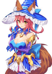 Rule 34 | 10s, 1girl, animal ears, blue gloves, blue hat, blush, braid, breasts, brown eyes, cleavage, closed mouth, commentary request, detached collar, detached sleeves, ears through headwear, fang, fang out, fate/extra, fate (series), fox ears, fox girl, fox tail, gloves, hair between eyes, hand up, hat, large breasts, long hair, long sleeves, low twintails, official alternate costume, pink hair, purple thighhighs, skirt, smile, solo, strapless, tail, tamamo (fate), tamamo no mae (fate/extra), tangamja, thighhighs, twin braids, twintails, white skirt, witch hat