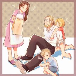 Rule 34 | 1girl, 3boys, ^ ^, alphonse elric, apron, argyle, argyle background, argyle clothes, arm support, barefoot, beard, beige outline, black footwear, blanket, blonde hair, blue shirt, border, breasts, brothers, brown background, brown border, brown hair, brown pants, buttons, clenched hands, closed eyes, closed mouth, collared shirt, couple, crossed arms, dress, dress shirt, edward elric, facial hair, family, father and son, flower, full body, fullmetal alchemist, furrowed brow, glasses, grey-framed eyewear, happy, hetero, holding, holding blanket, leaning, leaning forward, light smile, looking at another, looking up, low ponytail, medium breasts, mother and son, multiple boys, on ground, outline, outside border, pants, ponytail, puff of air, purple dress, red shirt, sandals, shadow, shirt, shoes, shorts, siblings, side ponytail, sitting, sleeping, sleeping on person, standing, trisha elric, tsugu ra, u u, van hohenheim, white apron, white shirt, zzz