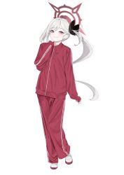 Rule 34 | 1girl, absurdres, black scrunchie, blue archive, closed mouth, full body, grey hair, hair ornament, hair scrunchie, halo, highres, jacket, long hair, long sleeves, looking at viewer, mutsuki (blue archive), pants, pointy ears, purple eyes, red halo, red jacket, red pants, scrunchie, shoes, side ponytail, simple background, smile, solo, tnr (horiko1525), track jacket, white background, white footwear
