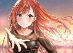 Rule 34 | 1girl, arisugawa natsuha, black eyes, blush, breasts, brown hair, cleavage, collarbone, earrings, highres, idolmaster, idolmaster shiny colors, jewelry, long hair, outstretched hand, see-through, sky, smile, solo, star (sky), starry sky, sunset, yuzuyu (hyui)