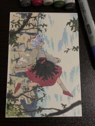 Rule 34 | 1girl, art tools in frame, black skirt, branch, closed mouth, detached sleeves, from side, full body, hat, highres, inubashiri momiji, leaf, leaf print, long sleeves, looking ahead, maple leaf print, marker, marker (medium), medium skirt, midair, multicolored clothes, multicolored skirt, outdoors, photo (medium), pom pom (clothes), red eyes, red footwear, red ribbon, red sash, red skirt, ribbon, ribbon-trimmed sleeves, ribbon trim, sash, shiratama (hockey), shirt, short hair, signature, skirt, sleeveless, sleeveless shirt, socks, solo, tokin hat, touhou, traditional media, turtleneck, water, waterfall, white hair, white shirt, white socks, wide sleeves