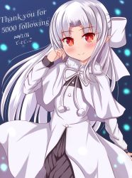 Rule 34 | 1girl, blue background, bow, capelet, closed mouth, dot zip, dress, english text, hair bow, highres, long hair, long sleeves, looking at viewer, melty blood, milestone celebration, pointy ears, red eyes, smile, solo, tsukihime, white bow, white capelet, white dress, white hair, white len (tsukihime)
