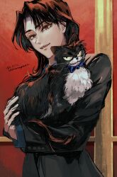 Rule 34 | 1boy, animal, animalization, artist name, black cat, black jacket, blue bow, blue bowtie, bow, bowtie, brown eyes, brown hair, cat, commentary request, dated, holding, holding animal, holding cat, ichijou seiya, jacket, kaiji, long hair, long sleeves, looking at viewer, male focus, medium bangs, murakami tamotsu, open mouth, parted bangs, red background, smile, solo, unknown03162, upper body