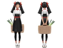Rule 34 | 1girl, absurdres, arms behind back, bag, black hair, black skirt, blunt bangs, bow, closed mouth, commentary, english commentary, facing away, from behind, full body, geta, guweiz, hair bow, high-waist skirt, highres, holding, holding bag, leggings, long hair, looking away, looking up, multiple views, original, puffy short sleeves, puffy sleeves, red bow, red eyes, shirt, short sleeves, simple background, skirt, socks, spring onion, standing, twintails, white background, white legwear, white shirt