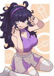 Rule 34 | 1girl, @ @, absurdres, alternate breast size, alternate costume, black hair, black nails, border, breasts, cheerleader, cleavage cutout, clothing cutout, commentary request, creatures (company), curly hair, eyelashes, game freak, hair between eyes, hair ornament, hair scrunchie, hairband, hands up, hex maniac (pokemon), highres, jaguarsee, large breasts, long hair, looking at viewer, nail polish, nintendo, poke ball symbol, pokemon, pokemon xy, ponytail, purple hairband, purple shirt, scrunchie, shirt, shoes, sitting, skirt, sleeveless, sleeveless shirt, smile, sneakers, solo, thighhighs, white border