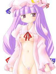 Rule 34 | 1girl, breasts, colored pubic hair, dotekabocha, female pubic hair, hat, long hair, naked robe, no panties, open clothes, open shirt, patchouli knowledge, pubic hair, purple hair, ribbon, robe, shirt, small breasts, solo, touhou