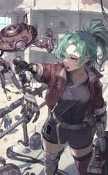 Rule 34 | 1girl, 2others, ambiguous gender, belt, belt pouch, briefcase, cable, cropped jacket, green eyes, grey hair, hair ornament, hairclip, highres, ichiyon, joints, maintenance, multiple others, original, ponytail, pouch, prosthesis, prosthetic arm, robot, robot joints, science fiction, standing