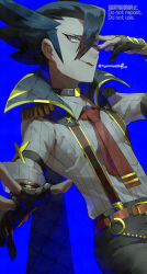 Rule 34 | 1boy, beads, belt, black gloves, black hair, blue background, cape, collared shirt, commentary request, creatures (company), epaulettes, fingerless gloves, game freak, gloves, grey eyes, grimsley (pokemon), grimsley (sygna suit) (pokemon), hand up, highres, male focus, necktie, nintendo, official alternate costume, pants, parted lips, partially fingerless gloves, pointy hair, pokemon, pokemon masters ex, red necktie, shirt, simple background, smile, solo, suspenders, twitter username, watermark, yamanashi taiki