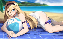 Rule 34 | 1girl, :d, ass, ball, beach, beach towel, beachball, bianka durandal ataegina, blonde hair, blue eyes, blurry, blurry background, commentary, day, earrings, english commentary, hair ornament, hairband, honkai (series), honkai impact 3rd, jewelry, logo, long hair, looking at viewer, lying, mihoyo, on stomach, open mouth, outdoors, sarong, sheita, smile, solo, swimsuit, thigh strap, towel, transparent