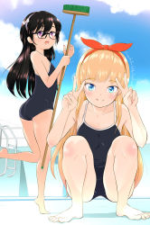 Rule 34 | 2girls, :q, ass, bare arms, bare legs, bare shoulders, barefoot, black-framed eyewear, black hair, black one-piece swimsuit, blonde hair, blue eyes, blue sky, blush, broom, closed mouth, cloud, commentary request, competition school swimsuit, day, double v, empty pool, glasses, hair between eyes, hair ribbon, hairband, hands up, highres, holding, holding broom, knees up, long hair, looking at viewer, mayafufu, multiple girls, one-piece swimsuit, open mouth, original, outdoors, pool, pool ladder, purple eyes, red hairband, red ribbon, ribbon, school swimsuit, sky, smile, squatting, standing, standing on one leg, swimsuit, teeth, tiptoes, tongue, tongue out, upper teeth only, v, very long hair