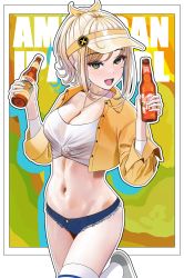 Rule 34 | 1girl, :d, absurdres, blonde hair, bottle, breasts, cleavage, collarbone, commentary, cowboy shot, crop top, cutoffs, denim, denim shorts, glass bottle, green eyes, grey footwear, groin, hair ribbon, highres, holding, holding bottle, jewelry, large breasts, long hair, looking at viewer, micro shorts, midriff, navel, necklace, open clothes, open mouth, open shirt, original, outline, ponytail, ribbon, shirt, shoes, shorts, sidelocks, smile, solo, standing, standing on one leg, thighhighs, tied shirt, turisasu, visor cap, w arms, white shirt, white thighhighs, yellow ribbon, yellow shirt