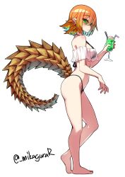 Rule 34 | 1girl, absurdres, artist name, bikini, black bikini, blue hair, breasts, champagne flute, closed mouth, colored inner hair, cup, drink, drinking glass, full body, green eyes, halterneck, hand up, highres, holding, holding drink, light blush, lizard tail, looking at viewer, medium breasts, mikagura, multicolored hair, orange hair, original, pointy ears, reptile girl, short hair, simple background, solo, standing, swimsuit, tail, twitter username, walking, white background